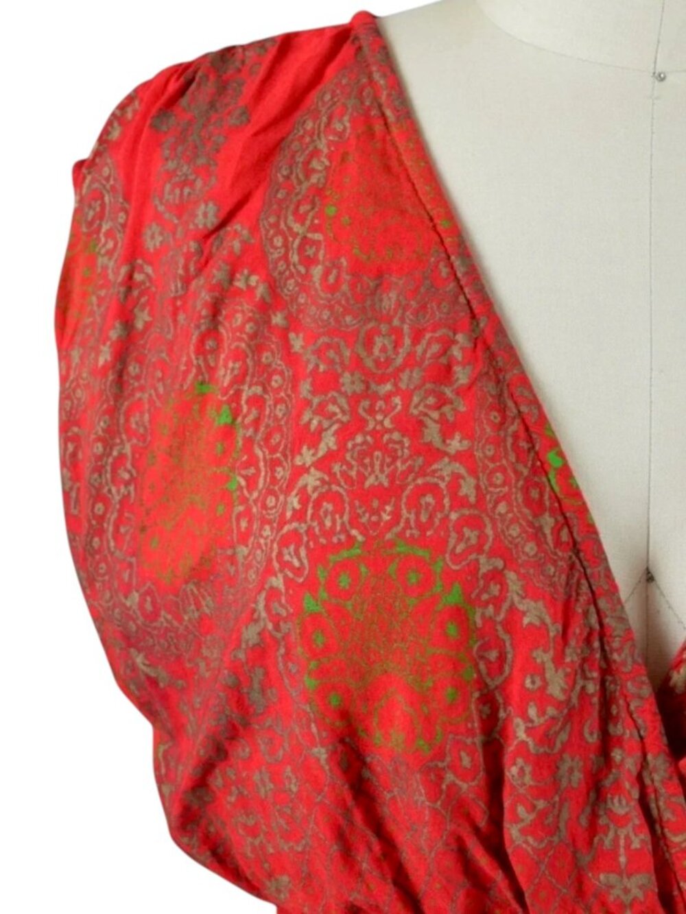 LAPOGEE TRIBAL PRINT RED GOLD BOHEMIAN V-NECK MAXI DRESS - Picture 5 of 9